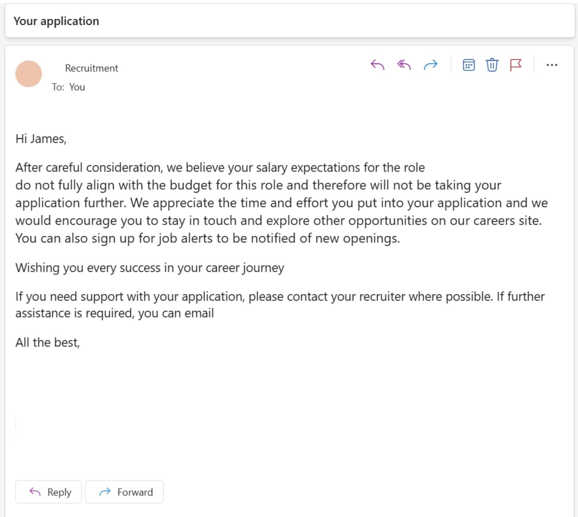 Screenshot of a recruitment email saying the applicant's salary expectations do not fully align with the budget for the role.